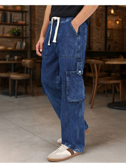 Bewakoof - Men's Blue Washed Straight Fit Cargo Mid-Rise Jeans