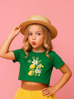 BaawRi - Girl's Viscose Crop T-Shirt with Lemon Blossom Print - Green