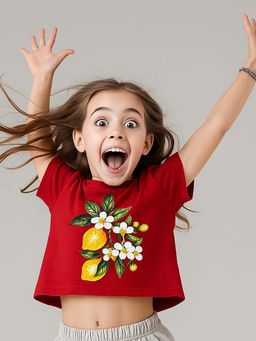 BaawRi - Girl's Viscose Crop T-Shirt with Lemon Blossom Print - Red