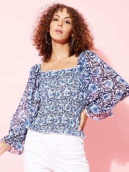 ANVI Be Yourself - Blue Floral Smocked Georgette Regular Top