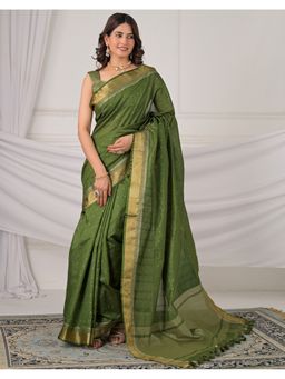 SATRANI - Olive Weaving Tassels Silk Saree with Unstitched Blouse