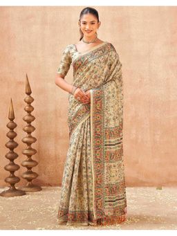 SATRANI - Beige Tassels Silk Saree with Unstitched Blouse