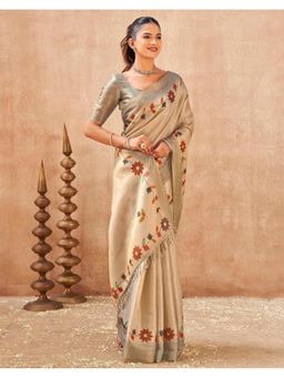 SATRANI - Women Beige Tassels Silk Saree with Unstitched Blouse