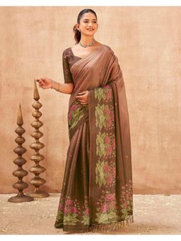 SATRANI - Brown Tassels Shimmer Silk Saree with Unstitched Blouse