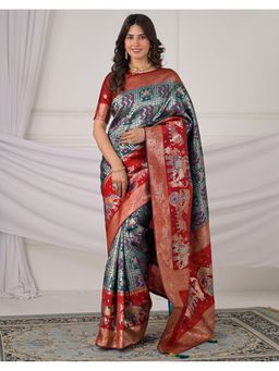 SATRANI - Blue Weaving Stone Work Tassels Silk Saree with Unstitched Blouse