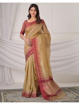 SATRANI - Beige Weaving Tassels Silk Saree with Unstitched Blouse