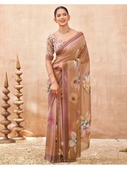 SATRANI - Brown Floral Zari Stripe Georgette Saree with Unstitched Blouse