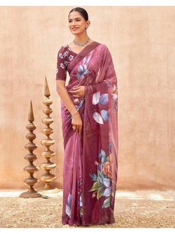 SATRANI - Magenta Floral Zari Stripe Georgette Saree with Unstitched Blouse