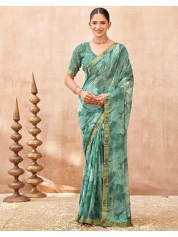 SATRANI - Teal Lace Tassels Chiffon Saree with Unstitched Blouse