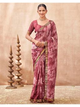 SATRANI - Rose Pink Lace Tassels Chiffon Saree with Unstitched Blouse