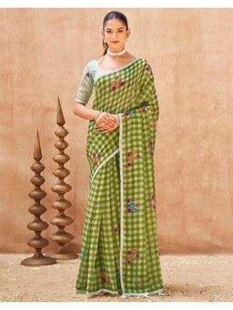 SATRANI - Parrot Green Printed Lace Tassels Linen Saree with Unstitched Blouse