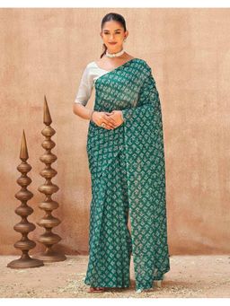 SATRANI - Rama Green Printed,Tassels Linen Saree with Unstitched Blouse
