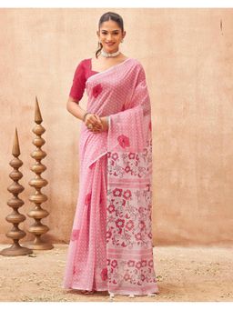 SATRANI - Pink Printed,Tassels Linen Saree with Unstitched Blouse