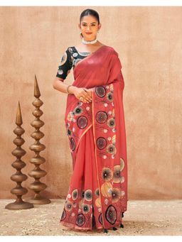 SATRANI - Pink Printed,Tassels Chanderi Saree with Unstitched Blouse
