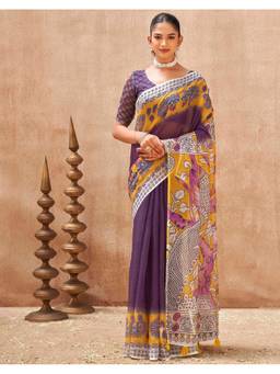 SATRANI - Purple Printed,Tassels Linen Saree with Unstitched Blouse