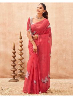 SATRANI - Coral Red Printed,Tassels Linen Saree with Unstitched Blouse