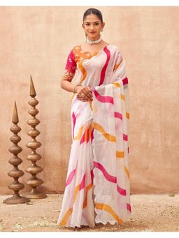 SATRANI - White Printed,Tassels Linen Saree with Unstitched Blouse
