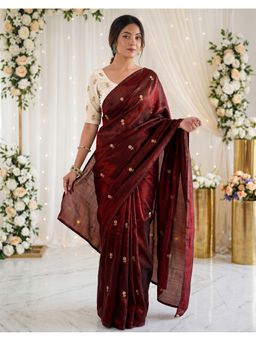 SATRANI - Maroon Sequins Embroidery Tissue Silk Saree with Unstitched Blouse