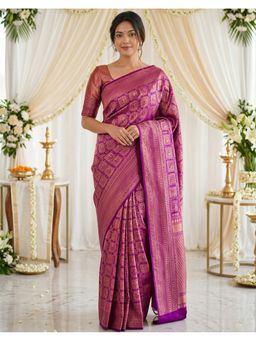 SATRANI - Women Magenta Weaving Silk Saree with Unstitched Blouse