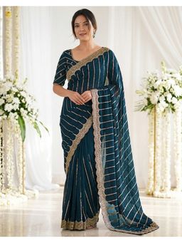SATRANI - Rama Blue Sequins Embroidery Georgette Saree With Unstitched Blouse