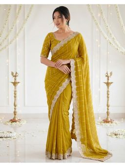 SATRANI - Mustard Sequins Embroidery Shimmer Georgette Saree With Unstitched Blouse