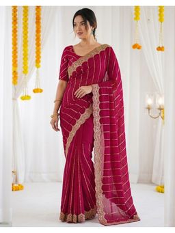 SATRANI - Pink Sequins Embroidery Shimmer Georgette Saree With Unstitched Blouse
