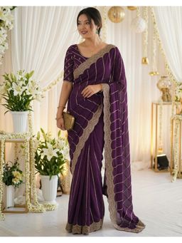 SATRANI - Purple Sequins Embroidery Shimmer Georgette Saree With Unstitched Blouse