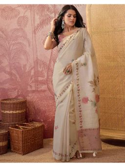SATRANI - Beige Zari Border Tassels Linen Saree With Unstitched Blouse