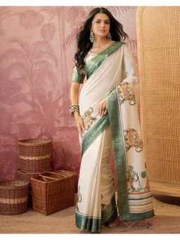 SATRANI - Beige Weaving Tassels Shimmer Silk Saree With Unstitched Blouse