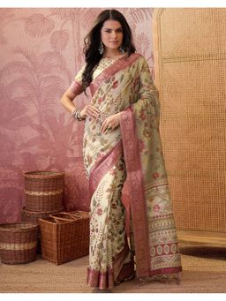 SATRANI - Beige Border Tassels Shimmer Silk Saree With Unstitched Blouse
