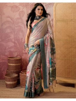 SATRANI - Beige Weaving Border Tassels Shimmer Silk Saree With Unstitched Blouse