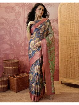 SATRANI - Rama Blue Weaving Border Tassels Shimmer Silk Saree With Unstitched Blouse