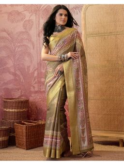 SATRANI - Women Mehndi Green Weaving Tassels Silk Saree With Unstitched Blouse
