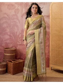 SATRANI - Mehndi Green Weaving Border Tassels Shimmer Silk Saree With Unstitched Blouse