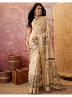 SATRANI - Off-White Weaving Border Tassels Shimmer Silk Saree With Unstitched Blouse