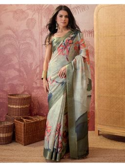 SATRANI - Olive Weaving Border Tassels Shimmer Silk Saree With Unstitched Blouse