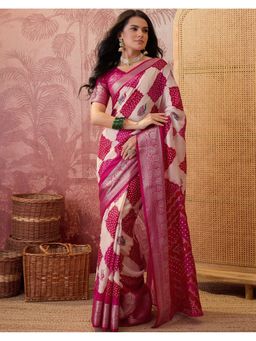 SATRANI - Cream Bandhani Foil Weaving Border Georgette Saree With Unstitched Blouse
