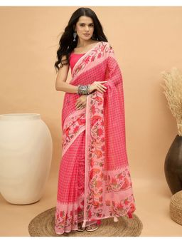 SATRANI - Pink Tassels Linen Saree With Unstitched Blouse