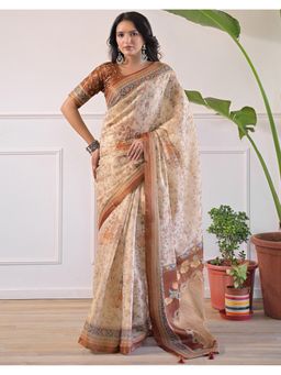 SATRANI - Beige Tassels Shimmer Silk Saree With Unstitched Blouse