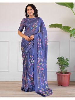 SATRANI - Blue Zari Stripe Georgette Saree With Unstitched Blouse
