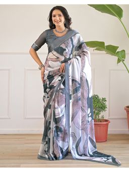 SATRANI - Grey Zari Stripe Georgette Saree With Unstitched Blouse