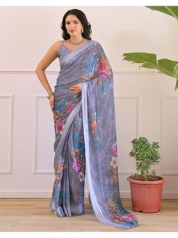 SATRANI - Lavender Zari Stripe Georgette Saree With Unstitched Blouse