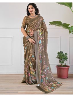 SATRANI - Oilve Zari Stripe Georgette Saree With Unstitched Blouse