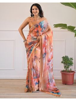 SATRANI - Peach Zari Stripe Georgette Saree With Unstitched Blouse