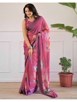 SATRANI - Purple Zari Stripe Georgette Saree With Unstitched Blouse