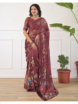 SATRANI - Wine Zari Stripe Georgette Saree With Unstitched Blouse
