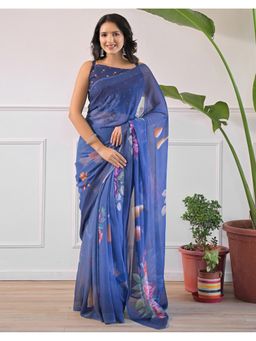 SATRANI - Blue Floral Georgette Saree With Unstitched Blouse