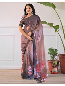 SATRANI - Mauve Floral Georgette Saree With Unstitched Blouse