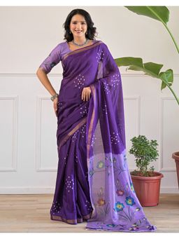 SATRANI - Purple Bandhani Floral Zari Border Cotton Blend Saree With Unstitched Blouse