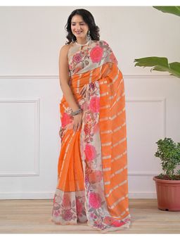 SATRANI - Orange Scalloped Border Linen Saree With Unstitched Blouse